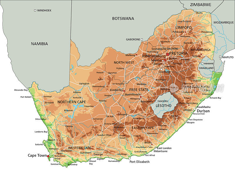 高详细的南非物理地图与标签。
