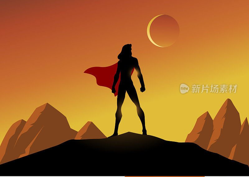 矢量女性超级英雄剪影与山景背景插图