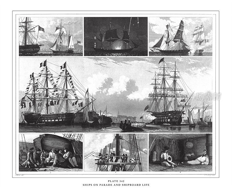 巡游船和船上生活雕刻古董插图，出版于1851年