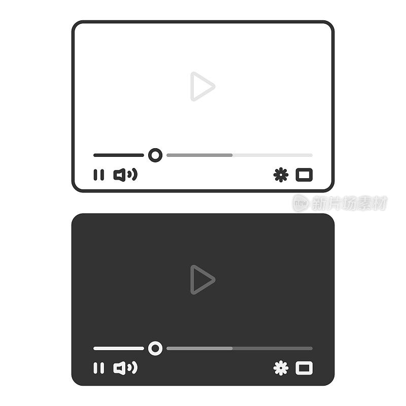 视频播放器模板图标设置。音乐，电影和视频播放器矢量设计的白色背景。
