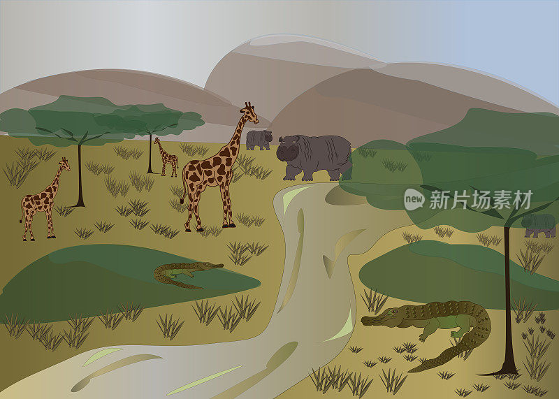 矢量图形插图-风景的非洲大草原。河马,长颈鹿、鳄鱼。非洲热带树木。萨凡纳。非洲动物。
