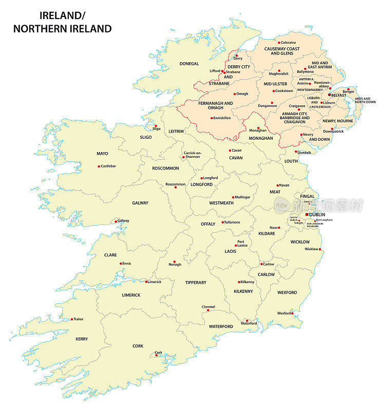 爱尔兰和北爱尔兰的行政地图