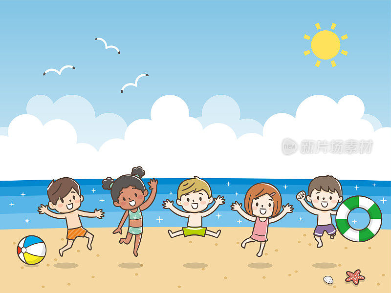 孩子们在海滩上蹦蹦跳跳