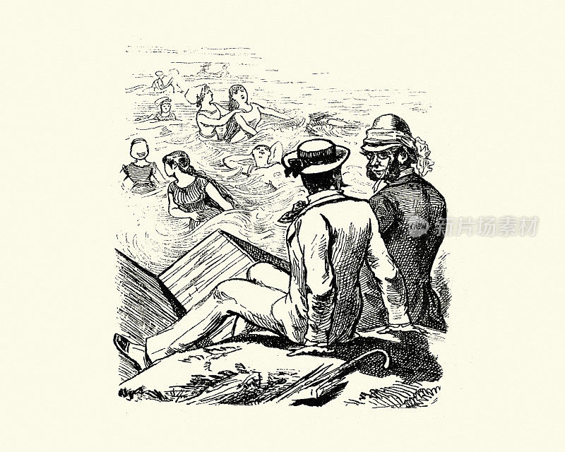 19世纪，男人看着年轻女人在海里嬉戏