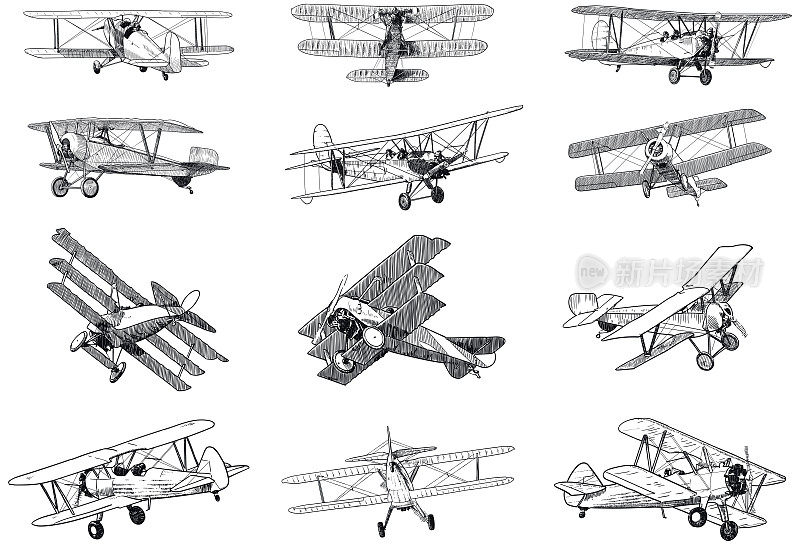 白色背景上的一组旧飞机的图纸。传统风格的矢量插图的老式飞机