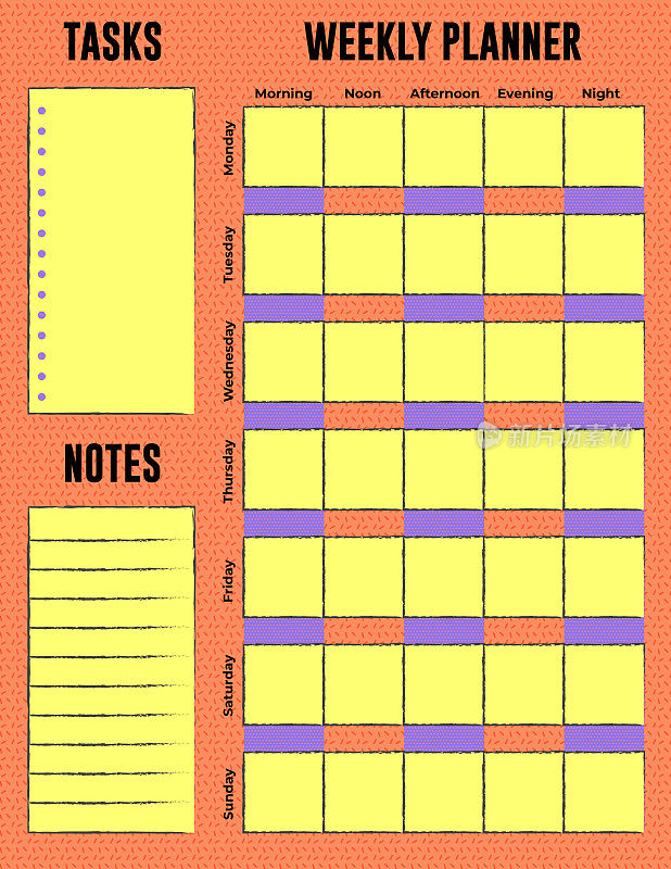 每周日计划或个人计划模板在复古橙色和亮黄色充满活力的色块风格