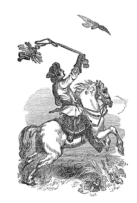 1835年，骑着马的猎鹰人用猎鹰猎鸟