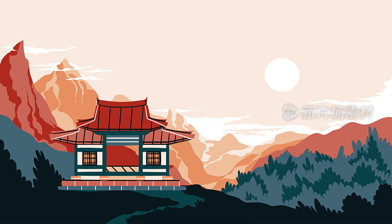 传统亚洲住宅平面卡通插图。韩式景观横幅设计。