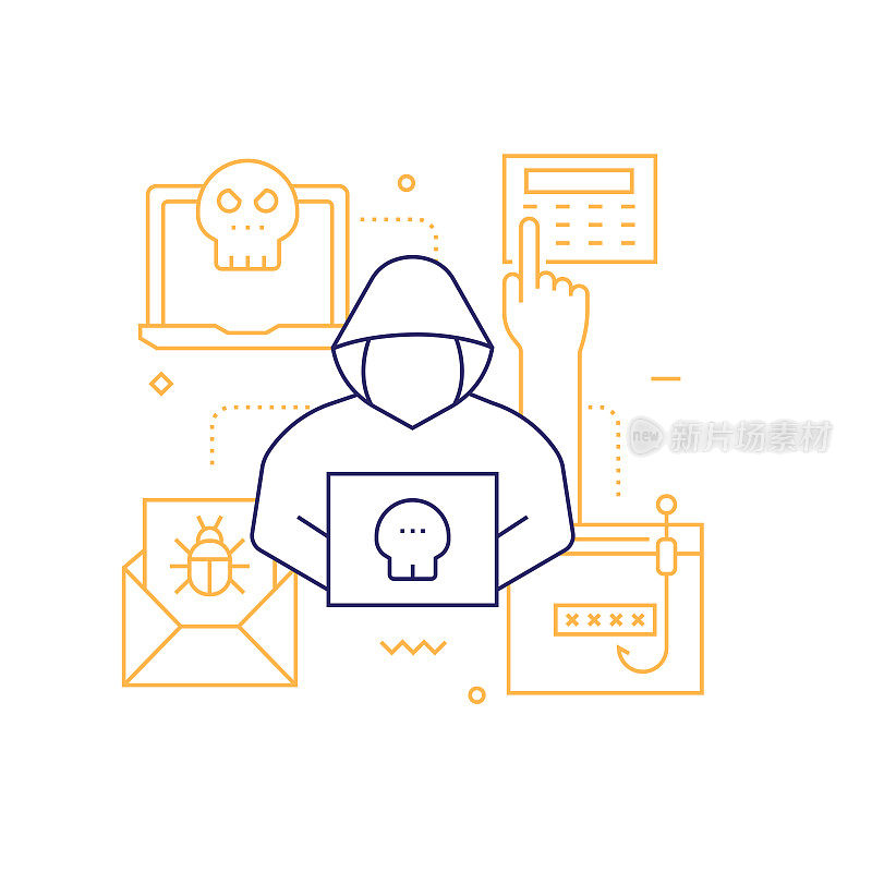 网络安全，数据安全相关线路图标。矢量轮廓符号说明。