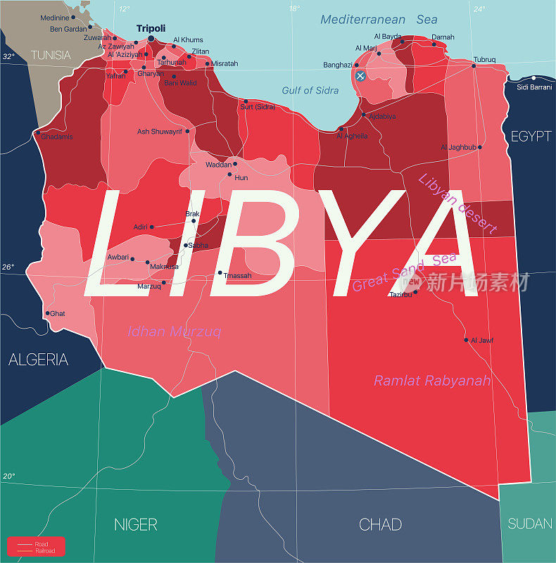 利比亚国家详细的可编辑地图