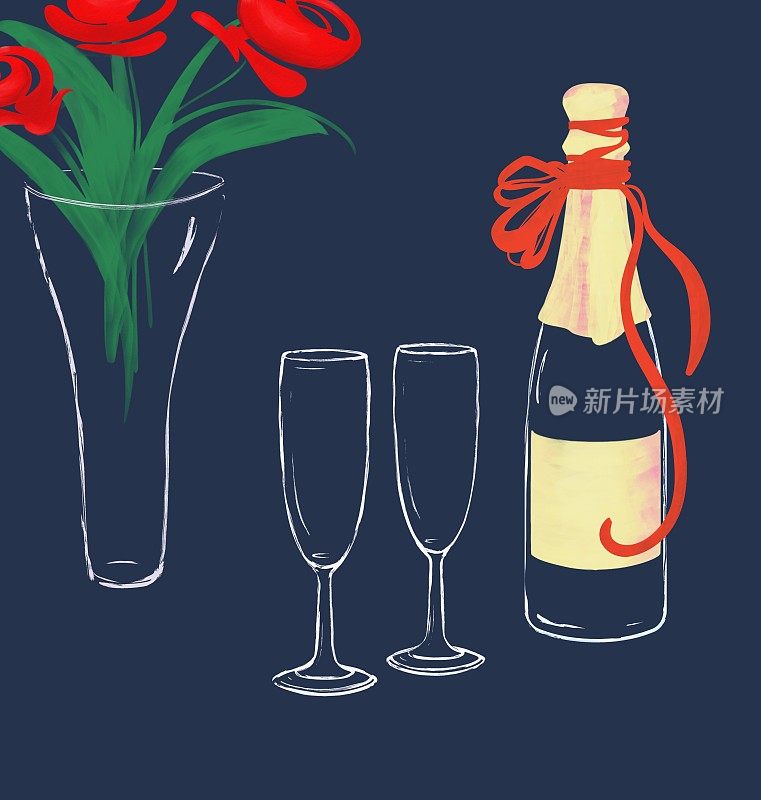 一瓶密封的节日包装的葡萄酒，两个高脚杯和一束玫瑰在一个透明的花瓶