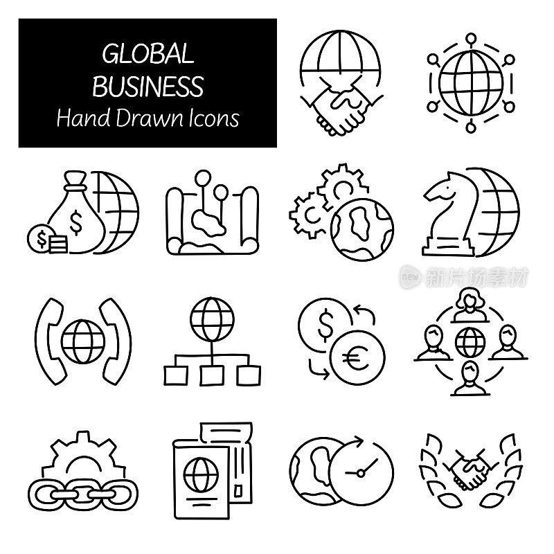 全球业务相关的手绘图标，涂鸦元素矢量插图