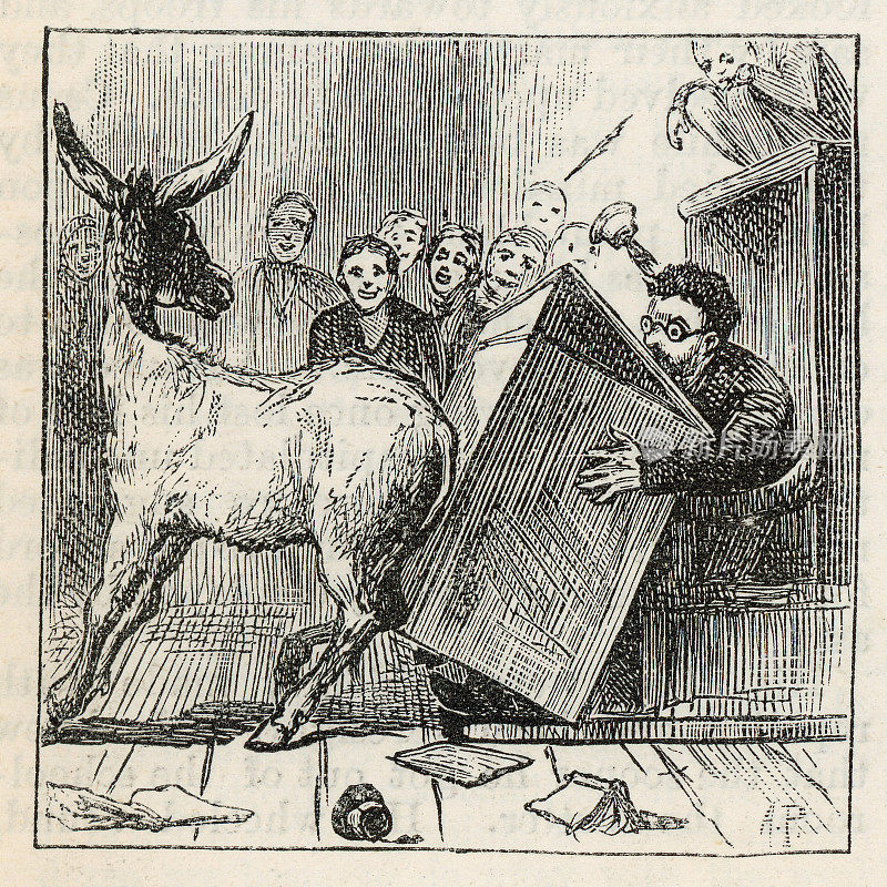 驴子撞翻了老师的课桌，维多利亚时代的插图