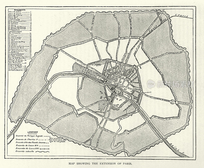 19世纪法国巴黎延伸的古地图插图