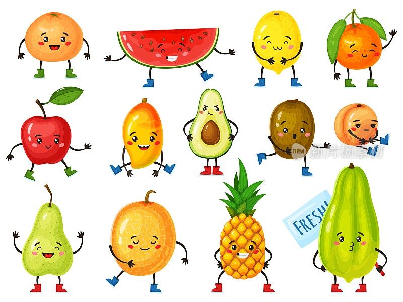 卡通水果字符。有趣的橙子，菠萝，苹果，鳄梨，柠檬还有可爱的脸蛋。快乐微笑的热带水果吉祥物向量集