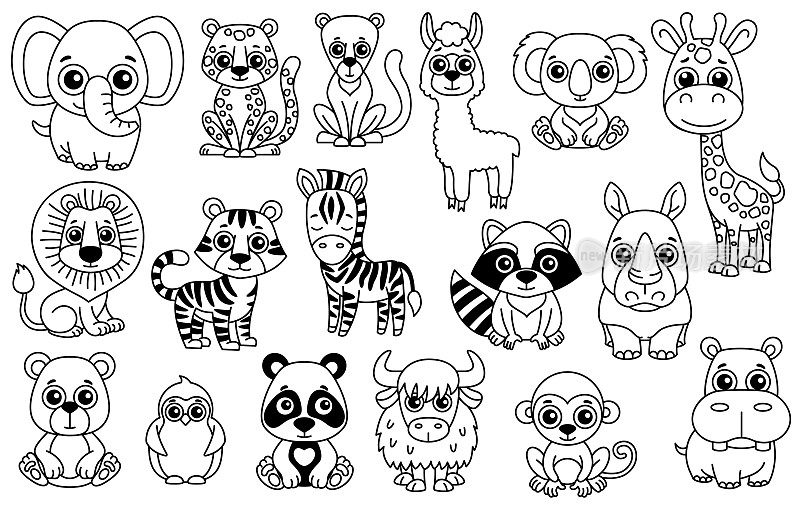 一套可爱的黑白动物园动物卡通风格