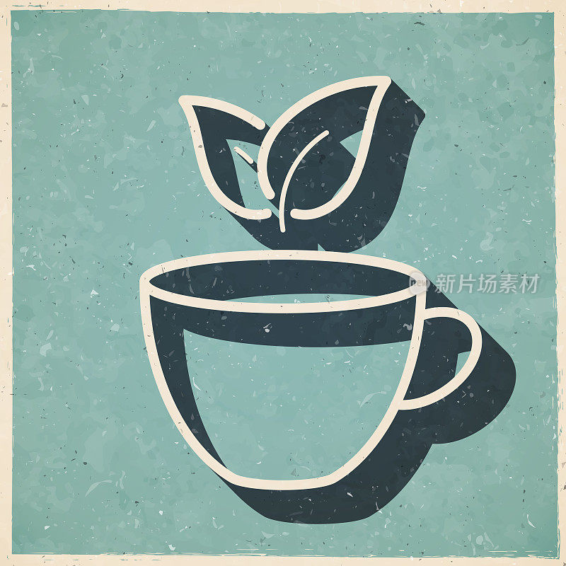 茶杯和茶叶。复古风格的图标-旧的纹理纸