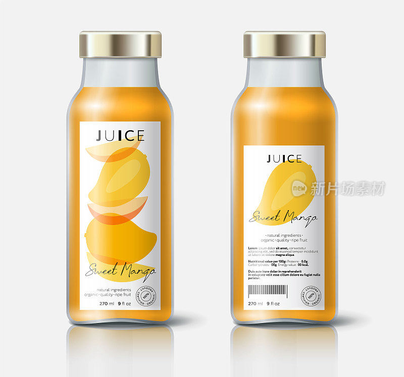 芒果汁包装。漂亮的透明整体和切好的水果。瓶子模板与正面和背面标签。