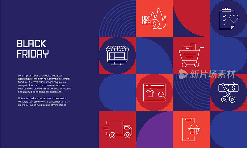 黑色星期五与线条图标相关的设计。简单的轮廓符号图标。