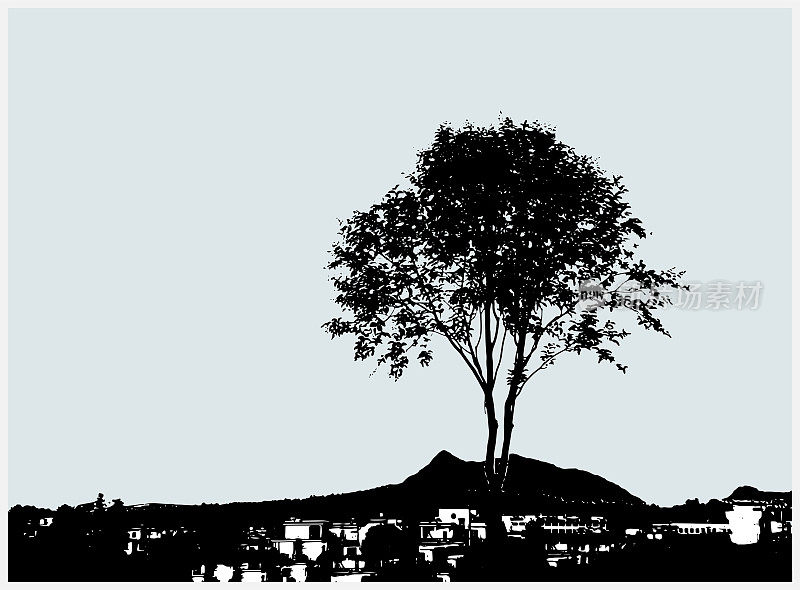 向量艺术雕刻风格绘画村庄和树木景观插图，抽象背景，安徽省，黟县，中国