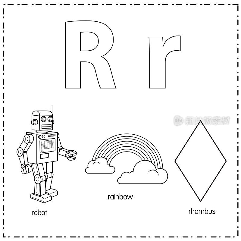 向量插图学习字母R的小写和大写的儿童与3卡通图像。机器人彩虹菱形。