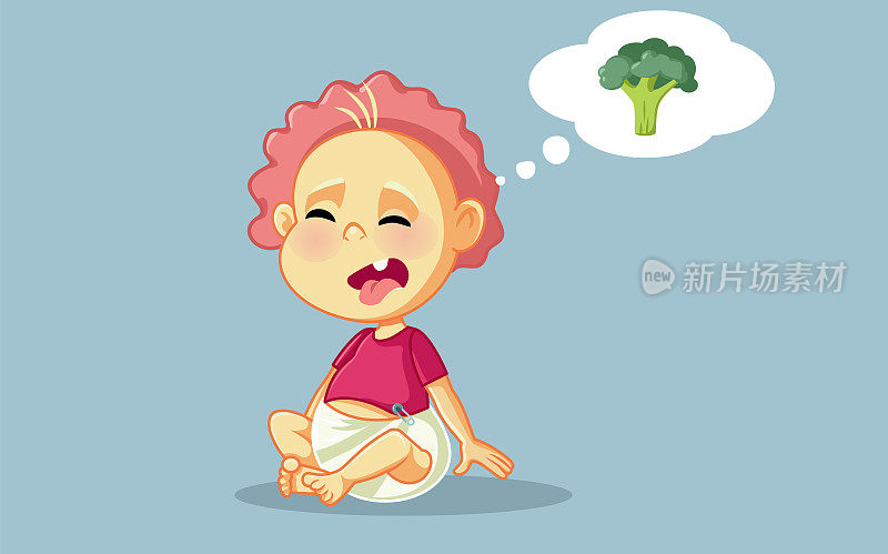 有趣的婴儿不喜欢花椰菜矢量卡通插图