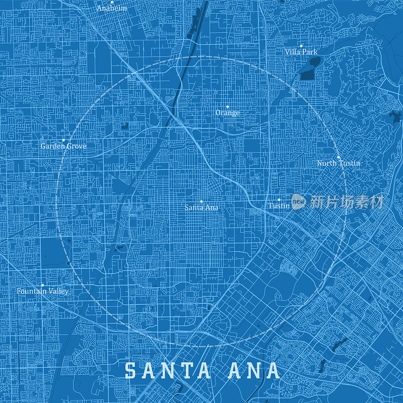 圣安娜CA城市矢量道路地图蓝色文本