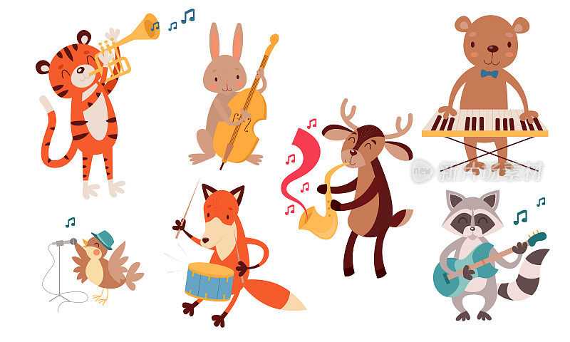一套插图与可爱的动物演奏各种乐器在一个爵士乐队。