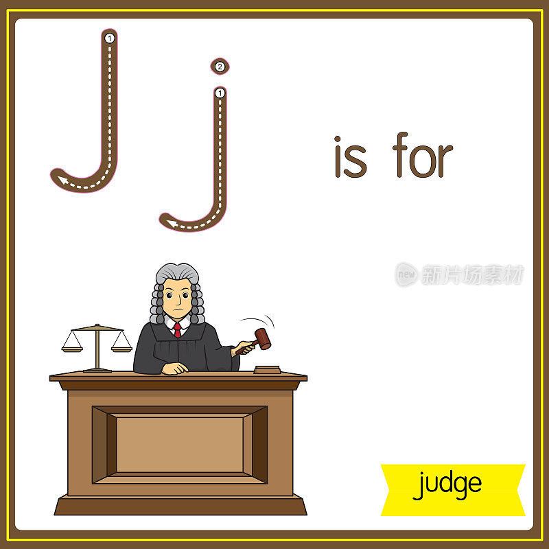 矢量插图学习字母为儿童与卡通形象。字母J代表法官。