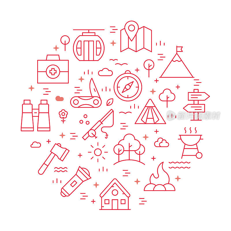 户外娱乐圆形设计模板线图标概念