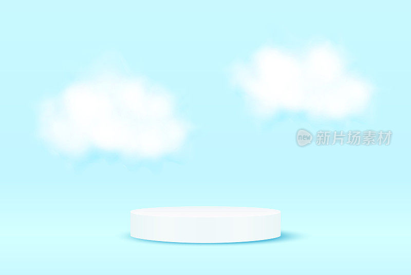 现实的白色蓬松的云在蓝色的背景与一个圆形的白色讲台