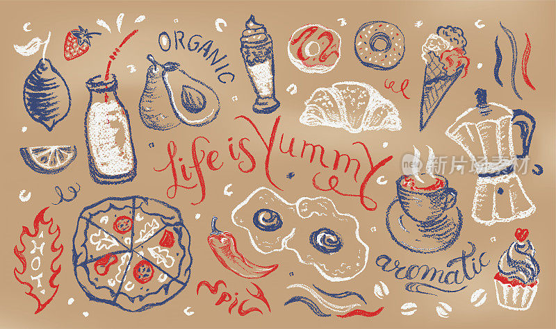 菜单横幅设计+手绘字母报价+食品+饮料插图。粉笔画在纸板上