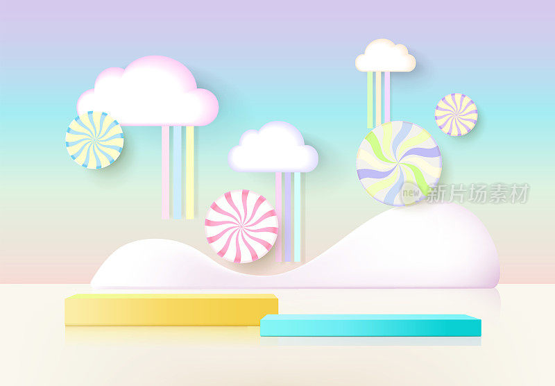 3D渲染平台儿童风格与彩色粉彩背景，云和天气与空间的儿童或婴儿产品“r