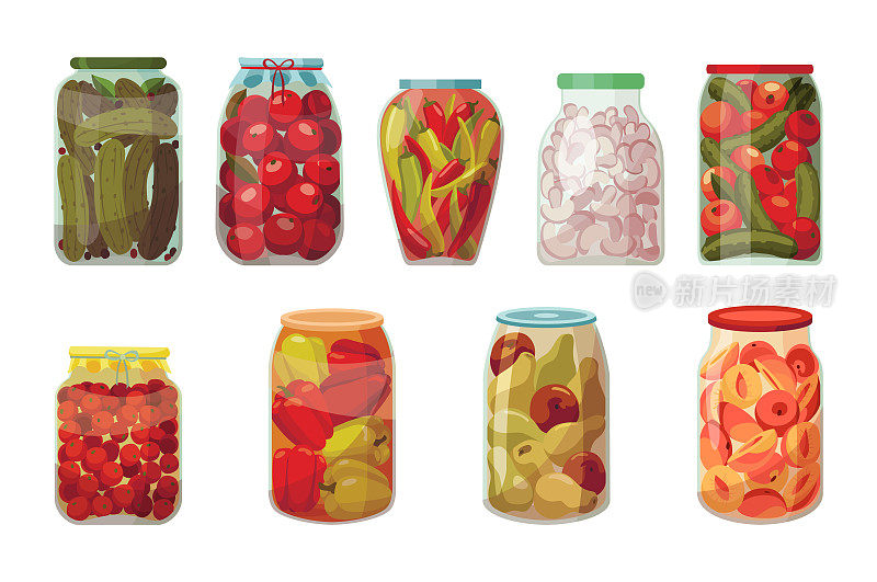 jar保存蔬菜。罐头腌西红柿，黄瓜和辣椒。卡通罐头食品与浆果或蘑菇装在玻璃罐中。食品保存容器
