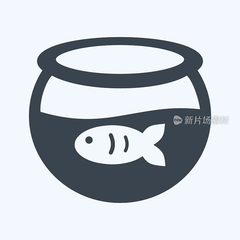 鱼缸图标中的鱼在时尚字形风格孤立在软蓝色背景