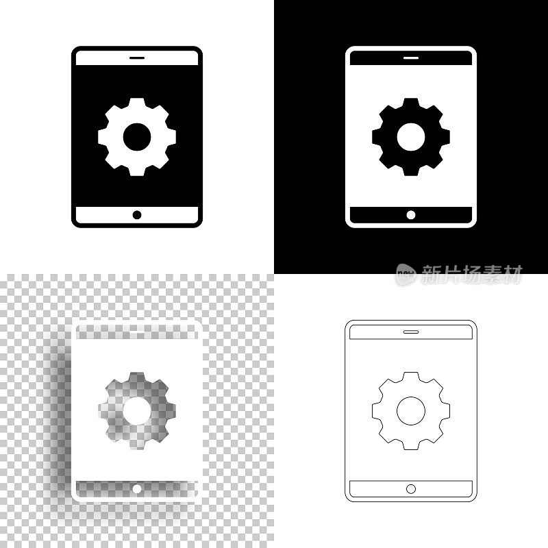 平板电脑设置-齿轮。图标设计。空白，白色和黑色背景-线图标
