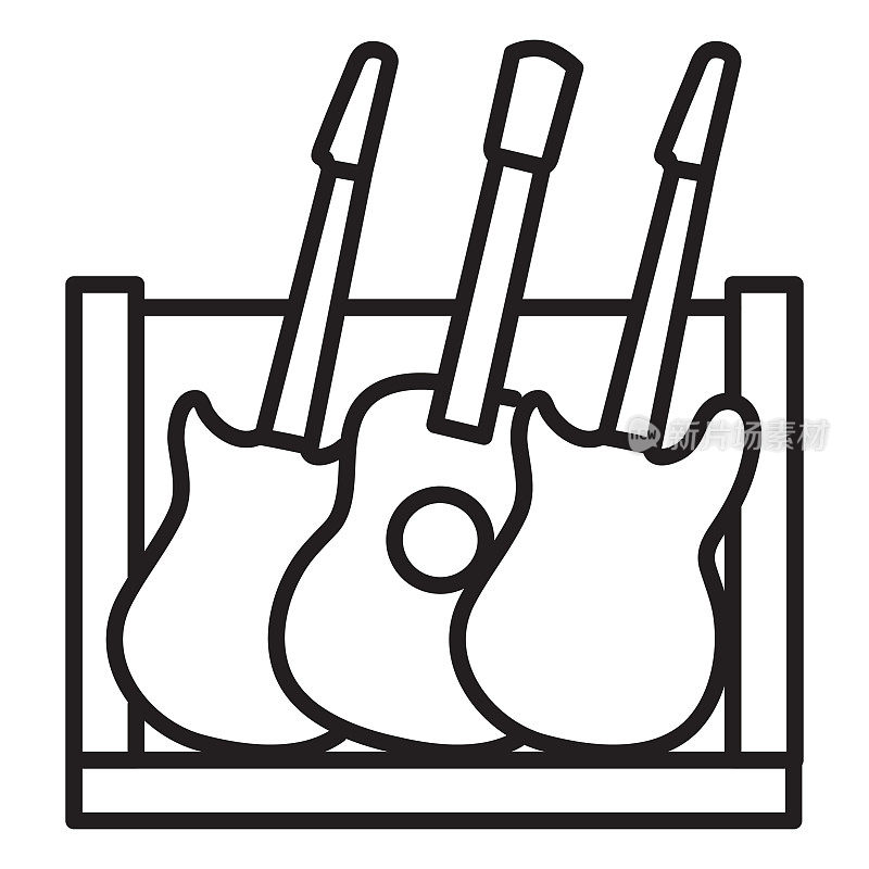 音乐商店的吉他站储存架细线图标在白色背景-可编辑的笔划