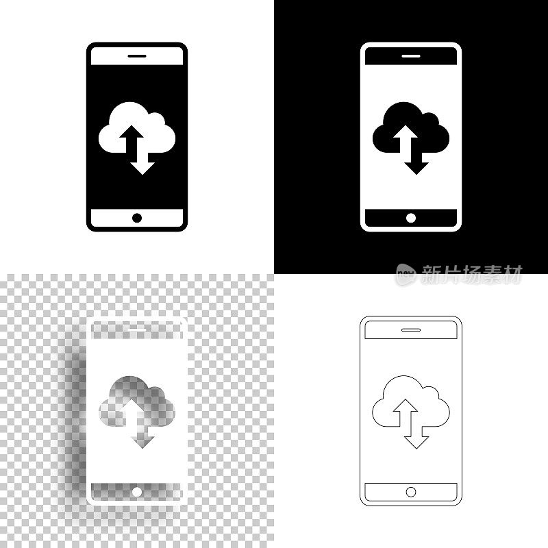 智能手机云下载和上传。图标设计。空白，白色和黑色背景-线图标
