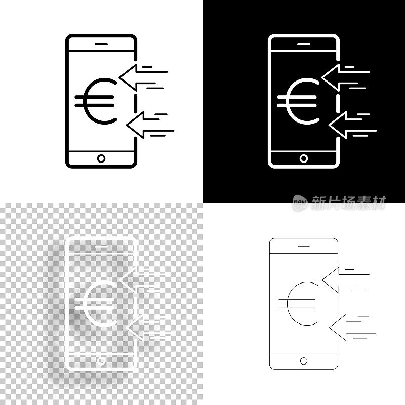 用智能手机接收欧元。图标设计。空白，白色和黑色背景-线图标