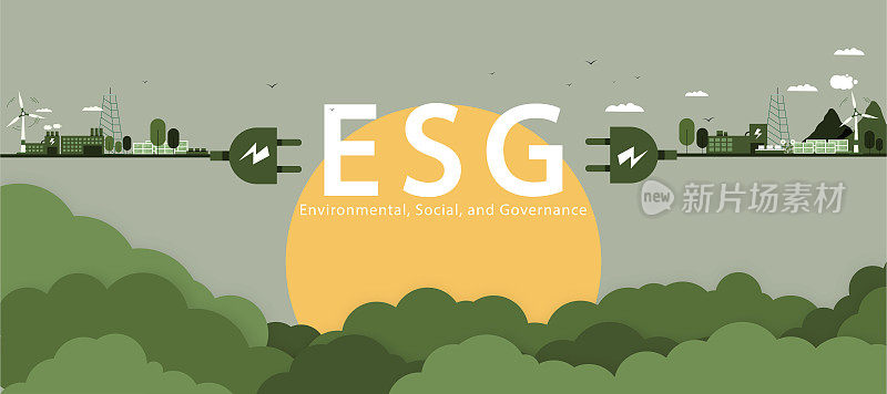 ESG概念，可持续环境，社会和治理，社会政府与风力涡轮机和太阳能电池板。矢量插图横幅