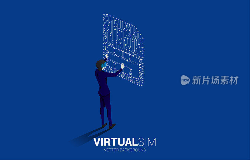 剪影男子戴VR眼镜和点连接线形状的sim卡图标。移动sim卡技术和网络的概念。