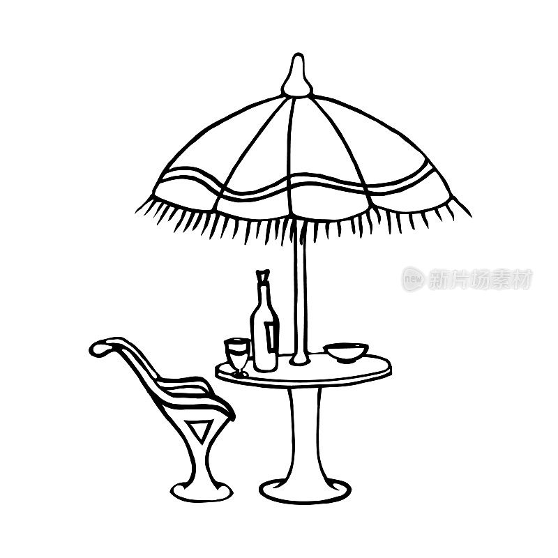 一个夏天的咖啡馆，一张桌子，一把椅子，一把伞和一杯带玻璃杯的饮料，孤立在白色的背景上。矢量插图，手动黑白绘图。