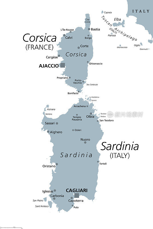 科西嘉岛和撒丁岛，法国和意大利岛屿，灰色的政治地图。