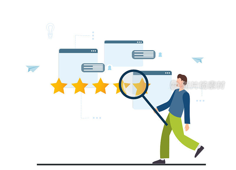 Man用五星、客户评论、星级概念、留下反馈和评论、社交媒体概念、平面矢量插图来评价网站或移动应用