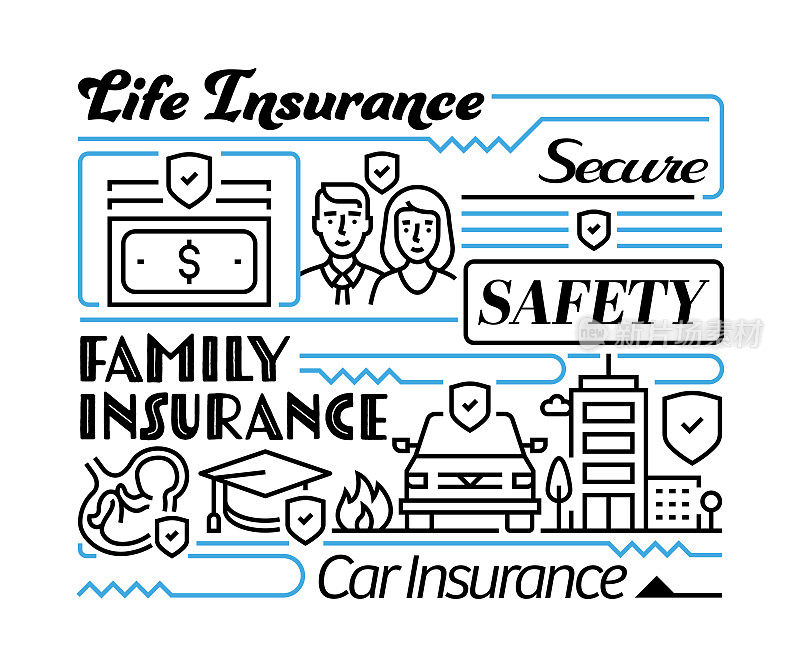 保险对象和保险要素。线条图标插图集合。图标设置或标题模板。