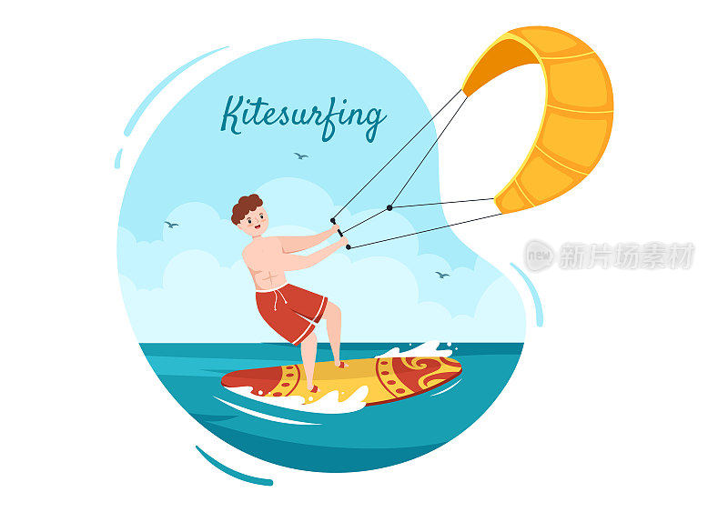 夏季风筝冲浪水上运动活动的卡通插图与骑大风筝在板上在平面风格