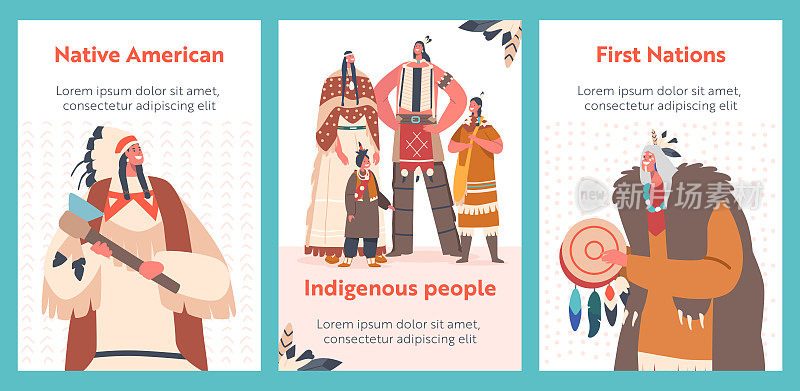 印第安美国原住民卡通横幅。战士，男人，女人和孩子，首领或萨满角色