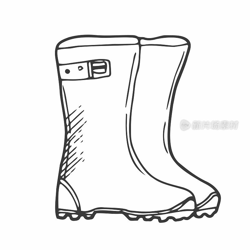 胶靴孤零零地放在白色的背景上。在水坑里行走的秋季鞋。防水靴子。园丁的靴子在花园里工作。涂鸦风格的矢量插图