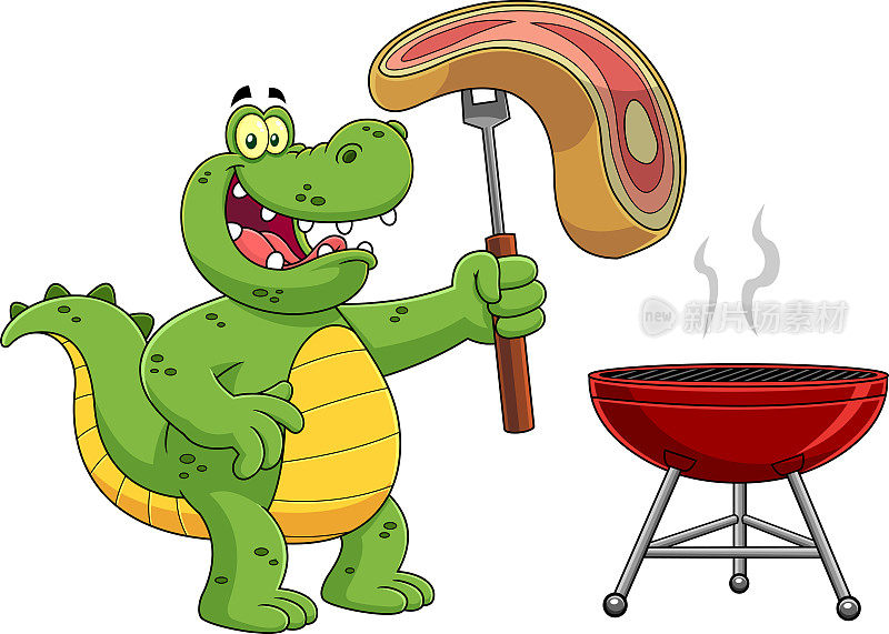 鳄鱼或鳄鱼卡通吉祥物角色拿着生牛排在烧烤叉