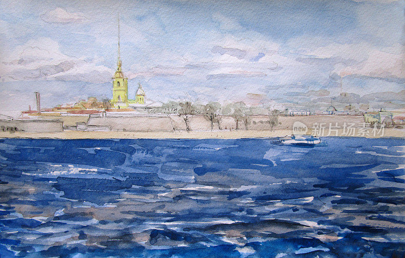 蓝色的涅瓦河水，圣彼得堡，水彩画。